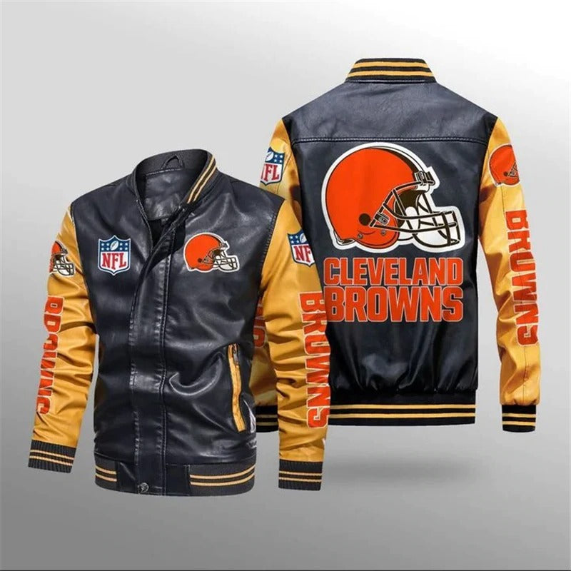 Cleveland Br Men Custom PU Leather Jacket Custom Football Sport Shirt  College Name Number Jersey Style Apparel