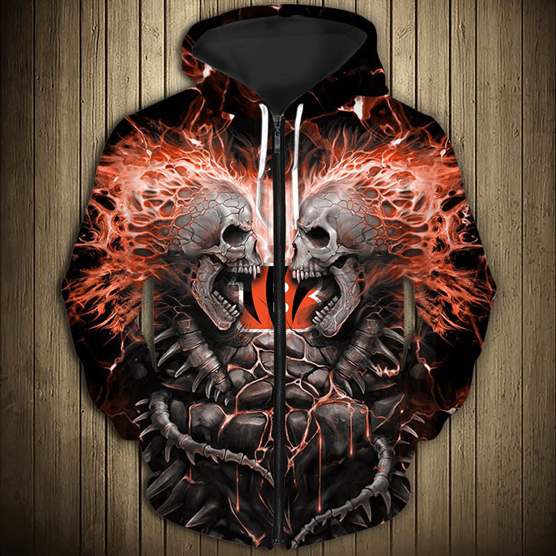 Cincinnati Bengals 3D Skull Zip Hoodie Pullover Sweatshirt for