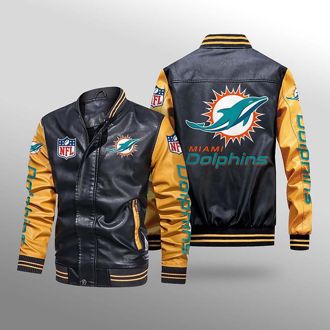 NFL Miami Dolphins Leather Jacket Feather Neck Gift For Men And Women -  Freedomdesign