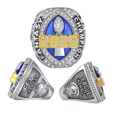 Three views of the 2025 Fantasy Football Championship Ring showing the face and detailed side shanks with 'FFL Champion' and league trophy emblems.