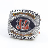 Front view of the 2021 Cincinnati Bengals AFC Championship Ring Replica featuring the Bengals logo, detailed silver finish, and sparkling cubic zirconia stones.