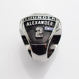 Oklahoma City Thunder 2025 Replica Championship Ring displayed at an angle to show engraving, stones, and authentic look. with 'Thunder Alexander' and number '2' 