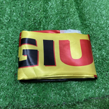 Belgium Scarf with black and red text on a grassy background