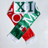 Scarf with Mexican flag design and text on a white background