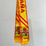 Yellow and red scarf with Spanish flag design on a white background