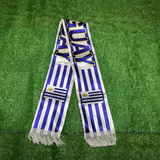 Uruguay scarf 14x130cm Satin-Polyester with blue and white stripes on a green grass background