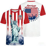 USA T-shirt with Statue of Liberty and American flag design on a white background for men women