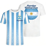 Two Argentina t-shirts, one with blue and white striped design and the other with 'Argentina National Team' text and soccer ball graphic.