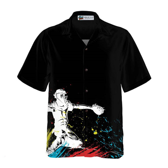 Black Baseball Hawaiian Shirt Catcher Silhouette Print