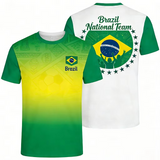 Green, yellow, and white Brazil T-shirt with Brazil National Team design on a white background. Brazil T-shirt for men