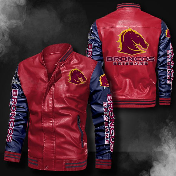 Brisbane Broncos Leather Jacket| Blue Sleeves, Red Body