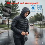 Person wearing a black heated jacket in the rain with text 'Windproof and Waterproof' and icons.