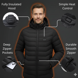 Man wearing a black insulated jacket with features highlighted on a gray background