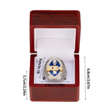 Fantasy Football Championship Ring 2025 Replica displayed in a presentation box, showcasing elegant sparkle and fan-worthy collectible quality. ring in a wooden box with measurements indicated