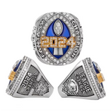 Close-up of the Fantasy Football Championship Ring 2024 Replica featuring a bold gold “2024” design, shimmering cubic zirconia, and blue enamel background