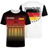 Two Germany t-shirts for men with German-themed designs, one featuring the Brandenburg Gate and the other with the German flag.