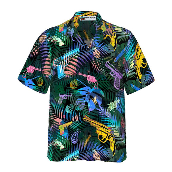 20% OFF Gun Hawaiian Shirt For Men Tropical Leafs Gun Pattern