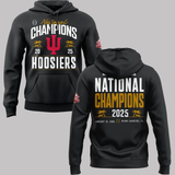 Back and front of view of black Indiana Hoosiers hoodie celebrating the 2025 National Championship in Miami Gardens