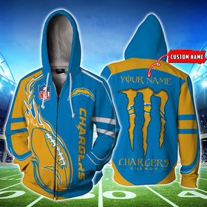 [SALE]20% OFF Best Los Angeles Chargers Hoodie Mens Ball Flame Custom Name - zip hoodies