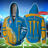 [SALE]20% OFF Best Los Angeles Chargers Hoodie Mens Ball Flame Custom Name - zip hoodies