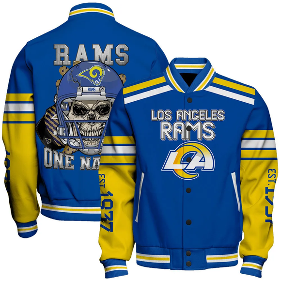 20% OFF Best bLUE Los Angeles Rams Skull Varsity Jacket For Men - 4 FAN SHOP
