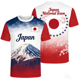 T-shirt with Japanese design featuring Mount Fuji and cherry blossoms on a white background. Japan T-shirt for men