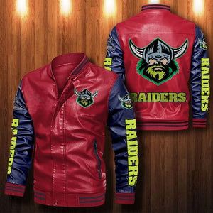 [SALE] 30% OFF The Best Men's Canberra Raiders Leather Jacket | Blue Sleeves, Red Body