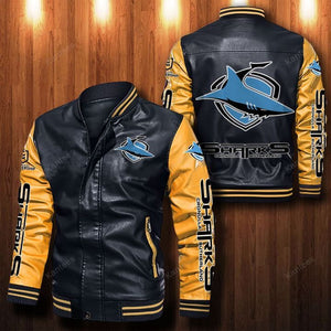 [SALE] 30% OFF The Best Men's Cronulla-Sutherland Sharks Leather Jacket | Yellow Sleeves, Black Body