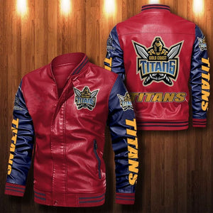 [SALE] 30% OFF The Best Men's Gold Coast Titans Leather Jacket || Blue Sleeves, Red Body