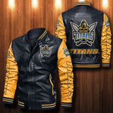 [SALE] 30% OFF The Best Men's Gold Coast Titans Leather Jacket | Yellow Sleeves, Black Body