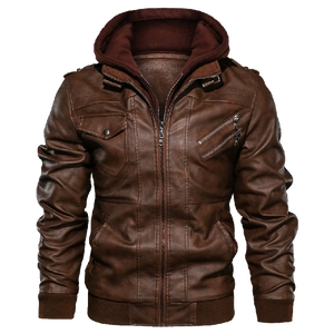 [SALE] 30% OFF The Best Men's Leather Jacket Brown With Hood  front of