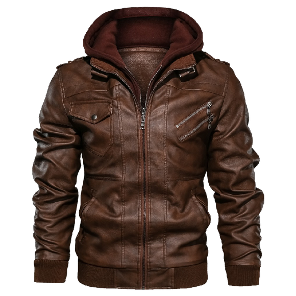 [SALE] 30% OFF The Best Men's Leather Jacket Brown With Hood  front of