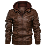 [SALE] 30% OFF The Best Men's Leather Jacket Brown With Hood  front of