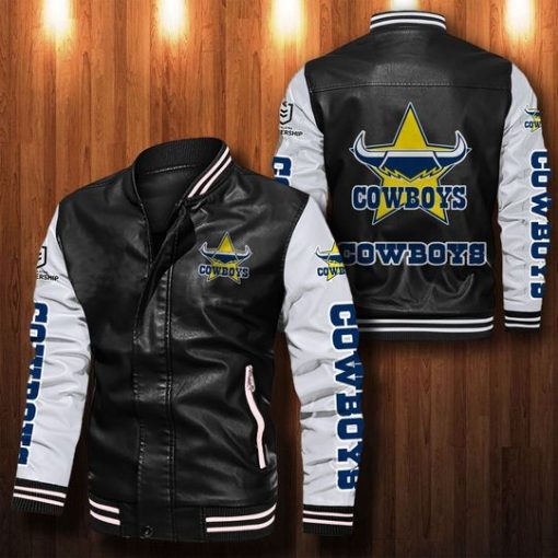 [SALE] 30% OFF The Best Men's North Queensland Cowboys Leather Jacket | White Sleeves, Black Body