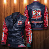 SALE] 30% OFF The Best Men's Sydney Roosters Leather Jacket | Red Sleeves, Blue Body