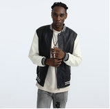 30% OFF The Best Men's Varsity Leather Jacket Black Body White Sleeve with model