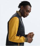 Men's Varsity Leather Jacket Black YELLOW SLEEVE with model 1