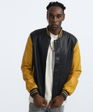 Men's Varsity Leather Jacket Black YELLOW SLEEVE with model