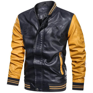 Men's Varsity Leather Jacket Black YELLOW SLEEVE FRONT OF