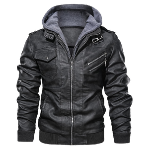 [SALE] 30% OFF The Best Men's Black Leather Jacket With Hood - Front of