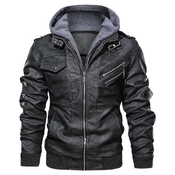 [SALE] 30% OFF The Best Men's Black Leather Jacket With Hood - Front of