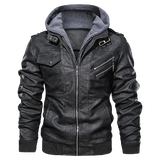 [SALE] 30% OFF The Best Men's Black Leather Jacket With Hood - Front of