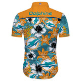 Back view of a Miami Dolphins Hawaiian Shirt showcasing the 'Dolphins' text across the shoulders and the NFL logo on the collar.