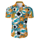 Front view of a Miami Dolphins Hawaiian Shirt for men featuring a tropical floral design with the Dolphins logo and team name