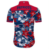 Back view of a New England Patriots Hawaiian Shirt showcasing the 'Patriots' text across the shoulders and the NFL logo on the collar.