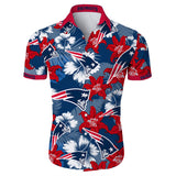Front view of a New England Patriots Hawaiian Shirt for men featuring a tropical floral design with the Patriots logo and team name