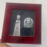 Philadelphia Eagles Super Bowl 2025 Replica Ring and Trophy Set inside a luxury wooden display case, perfect for collectors and Eagles fans.