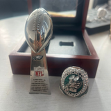 Philadelphia Eagles Super Bowl Ring 2025 Replica with matching Lombardi Trophy, detailed design in high-quality zinc alloy and cubic zirconia.