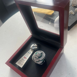 Philadelphia Eagles 2025 Super Bowl Replica Ring and Trophy Set displayed in a premium wooden box with protective glass lid.