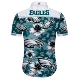 Back view of a Philadelphia Eagles Hawaiian Shirt showcasing the 'Eagles' text across the shoulders and the NFL logo on the collar.